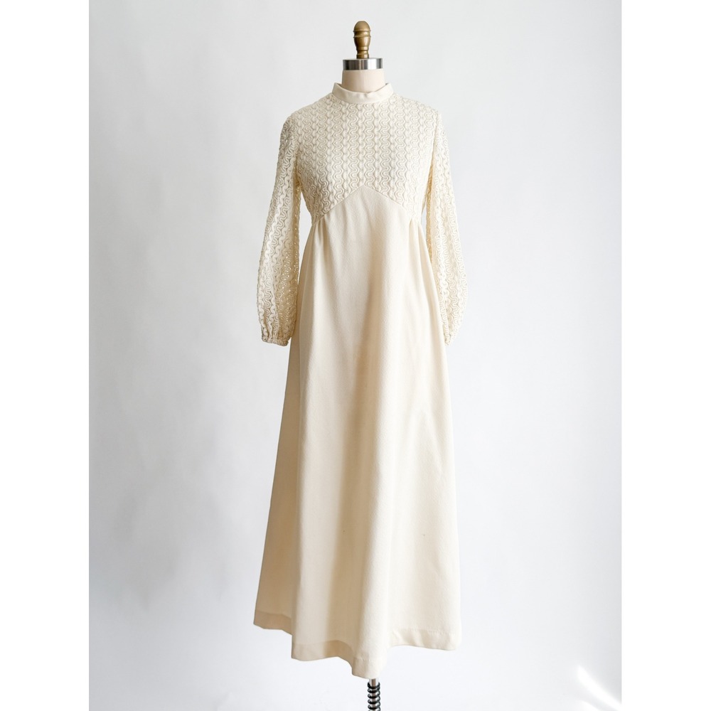 Vintage 60s 70s Crochet‎ Lace Empire Waist Maxi Dress Small Cream Boho Wedding